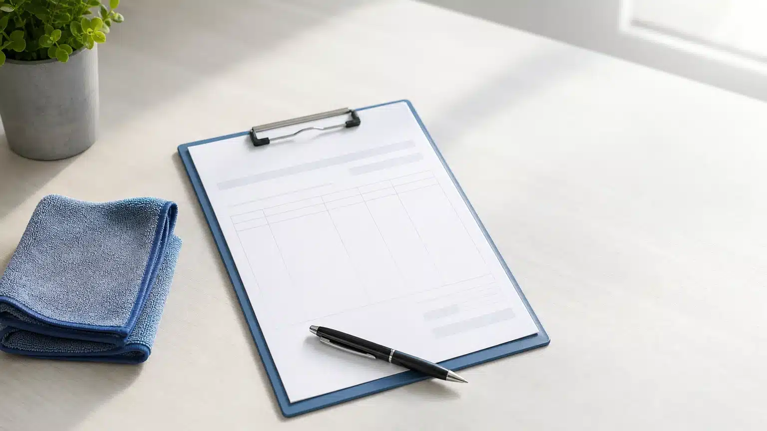 Document de devis vierge accompagné d’un gant de nettoyage professionnel