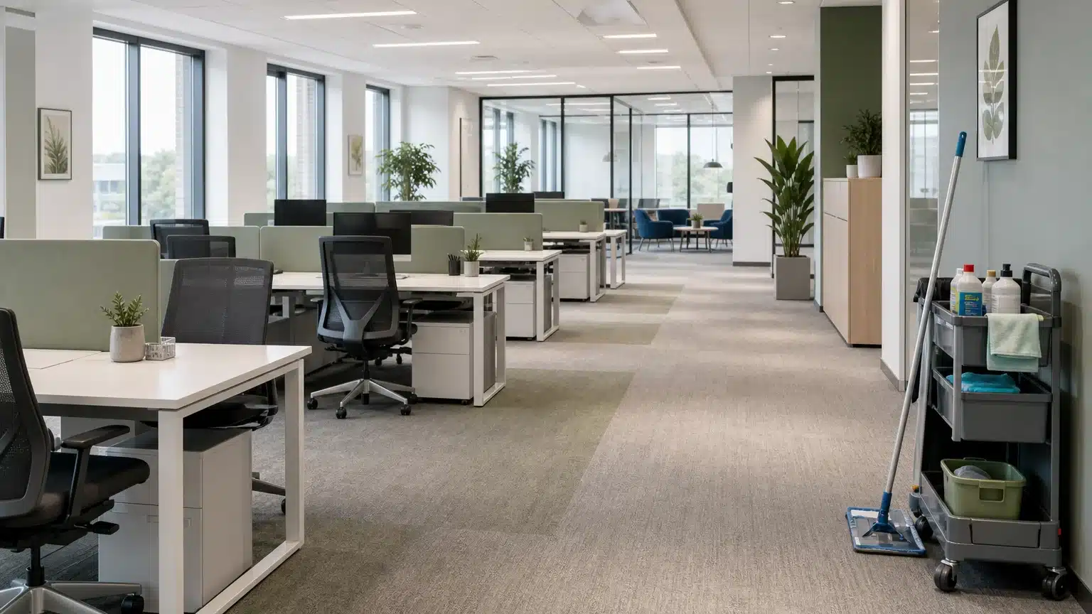 Open space préparé pour un nettoyage discret avant l’arrivée des équipes