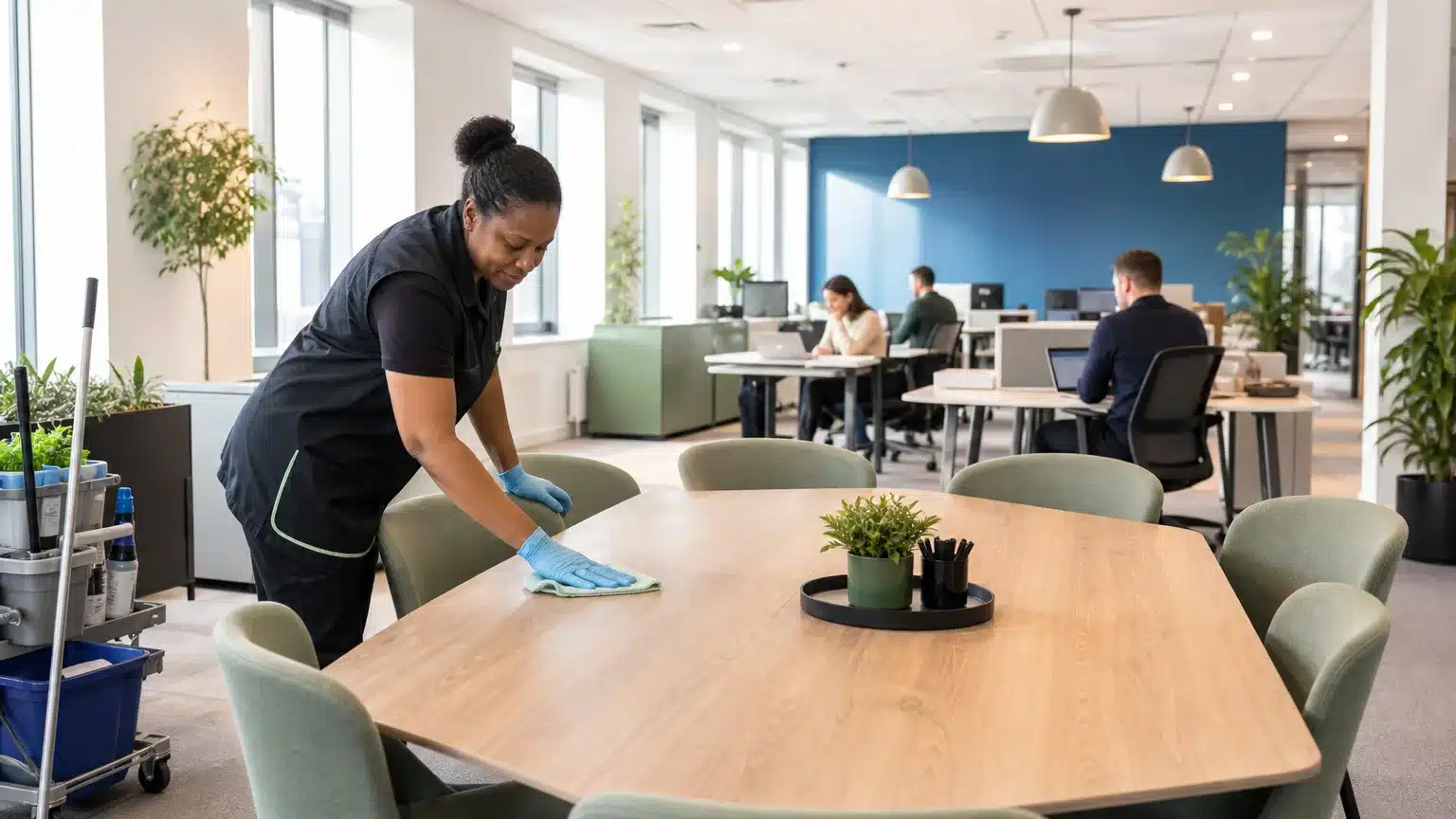 Nettoyage discret d’une table libre dans un open space occupé