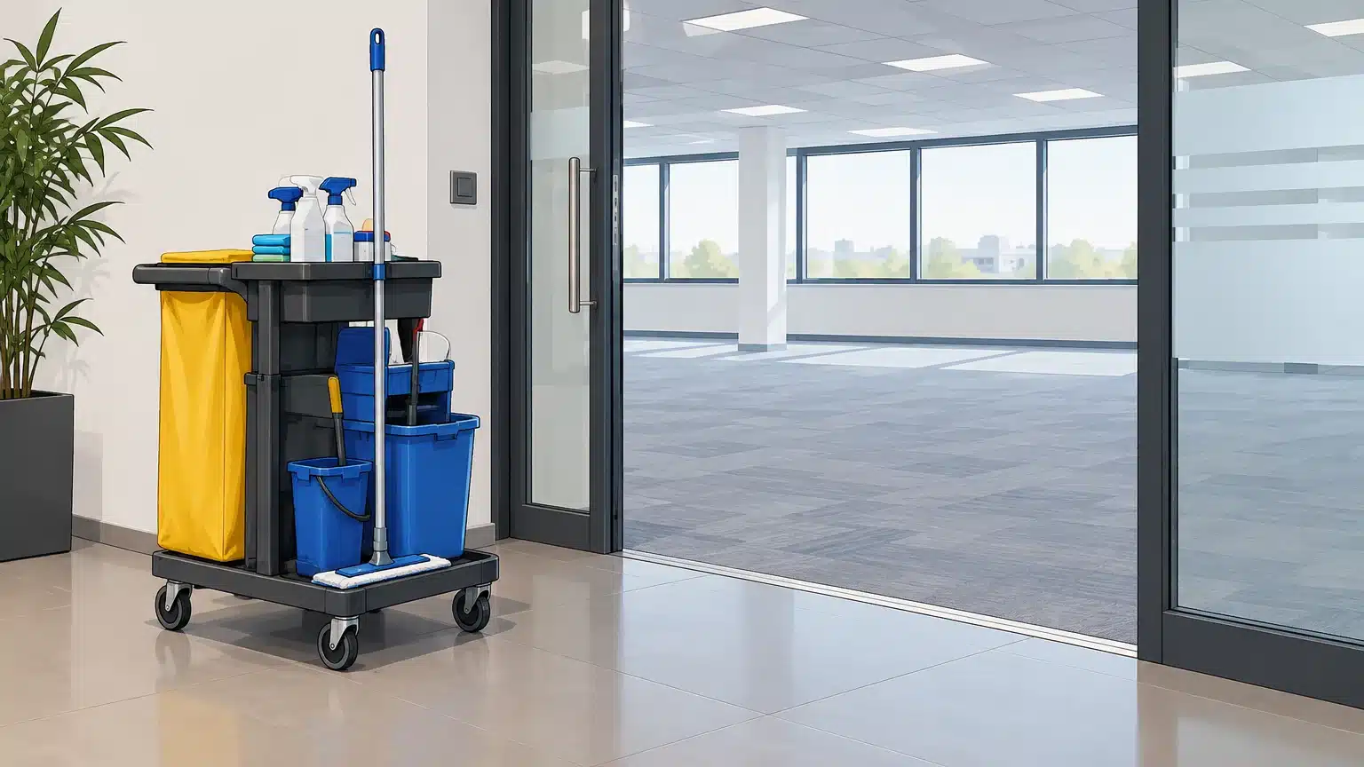 Chariot de nettoyage prêt pour l’entretien de bureaux professionnels