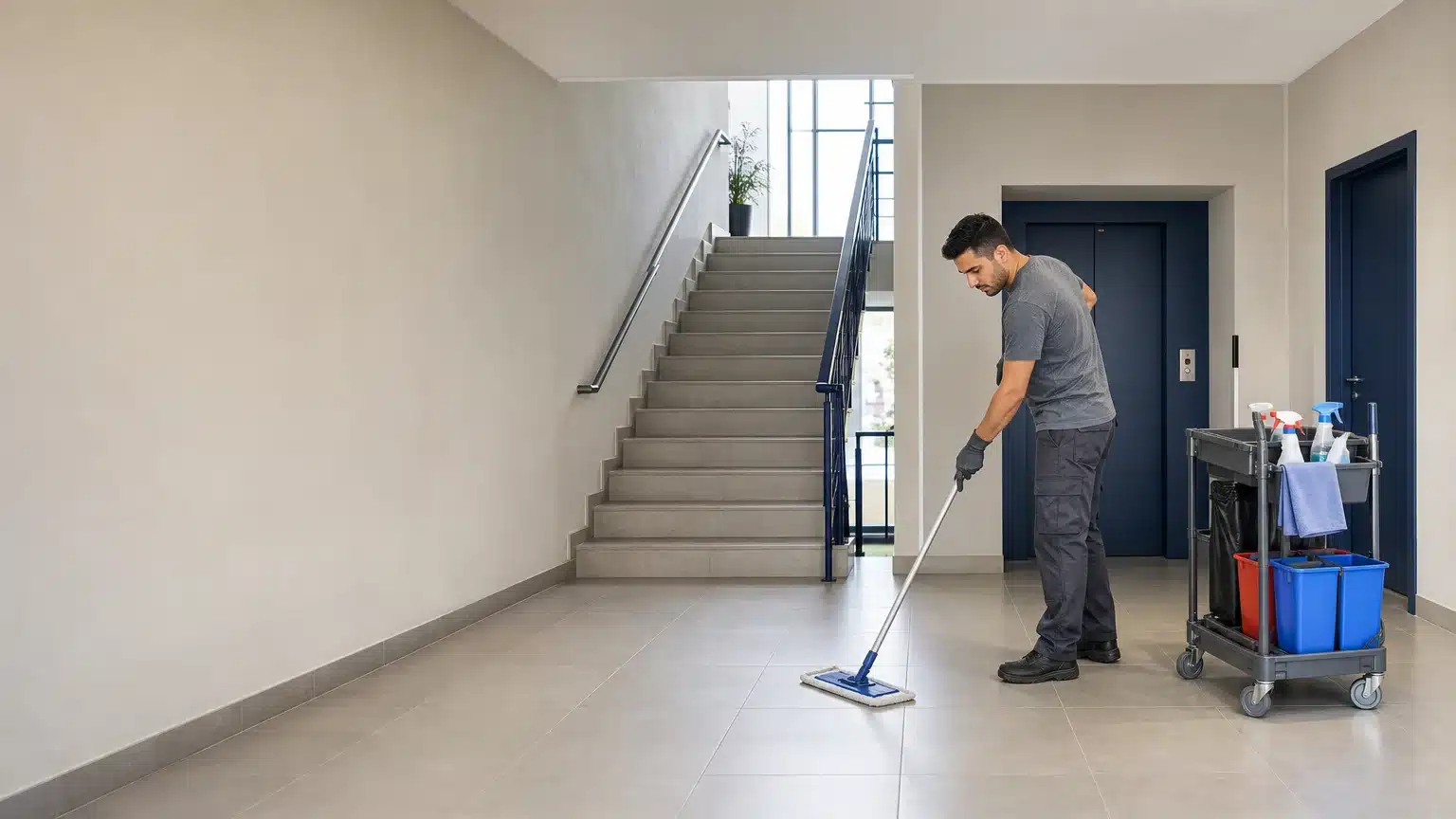 Agent d’entretien professionnel dans le hall générique d’un immeuble résidentiel à Bruxelles
