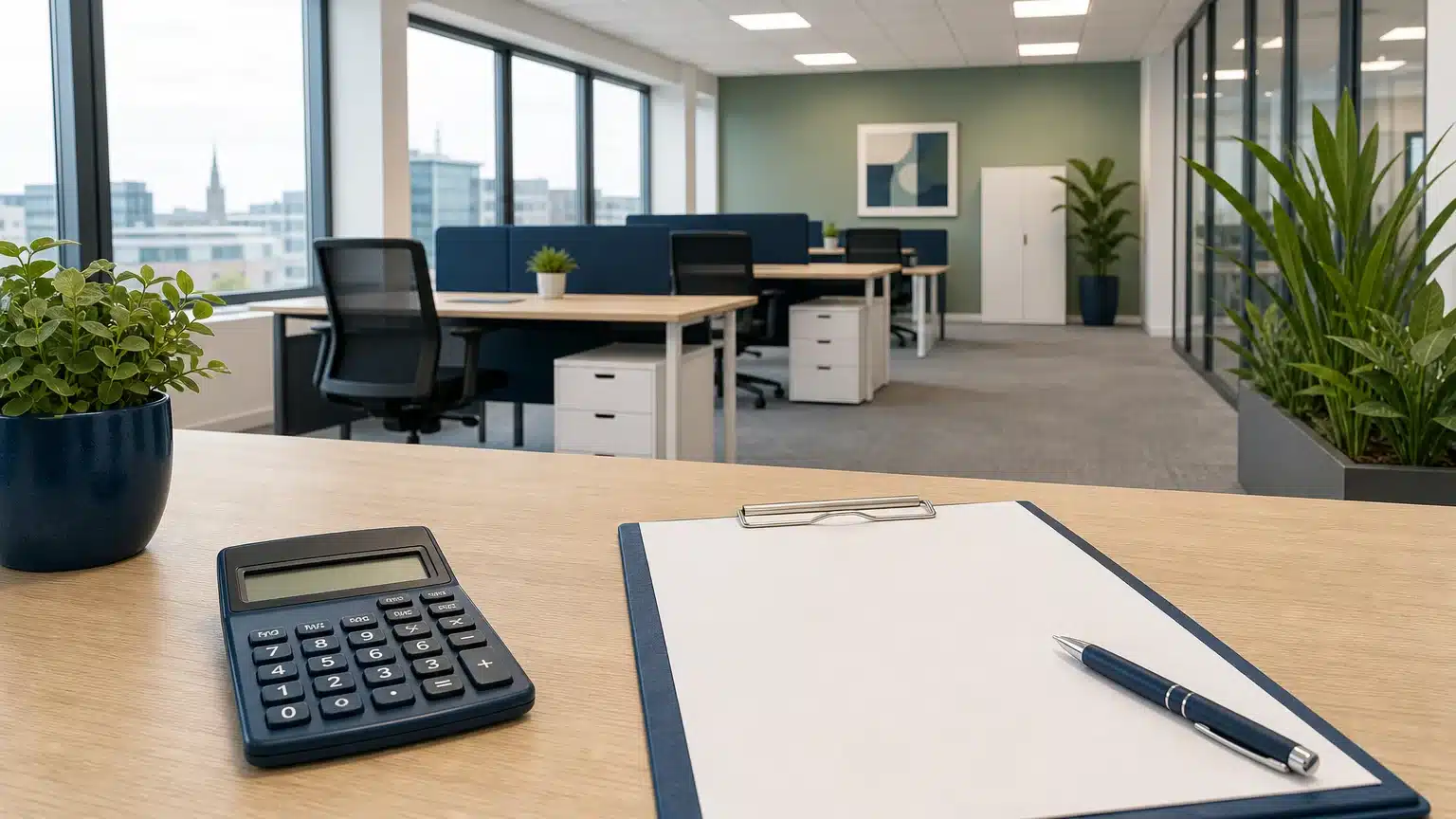 Bureau propre avec une feuille de devis et une calculatrice