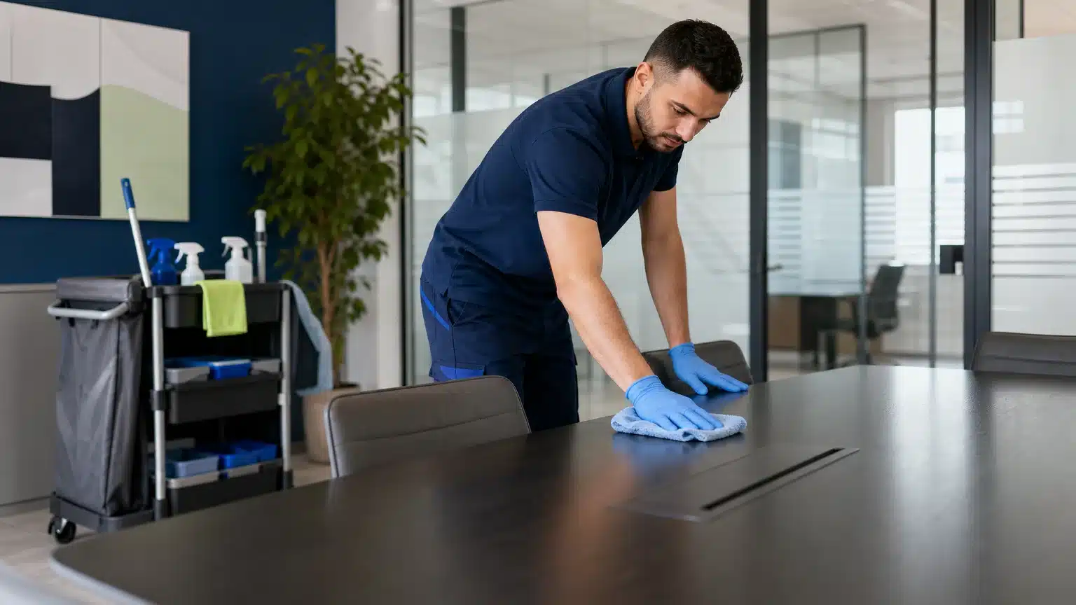 Un agent d’entretien nettoie une table dans un bureau contemporain