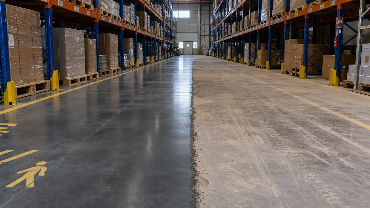 Allée d’entrepôt logistique montrant un sol industriel à nettoyer